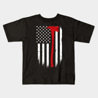 Firefighter Axe Thin Red Line American Flag Kids T-Shirt